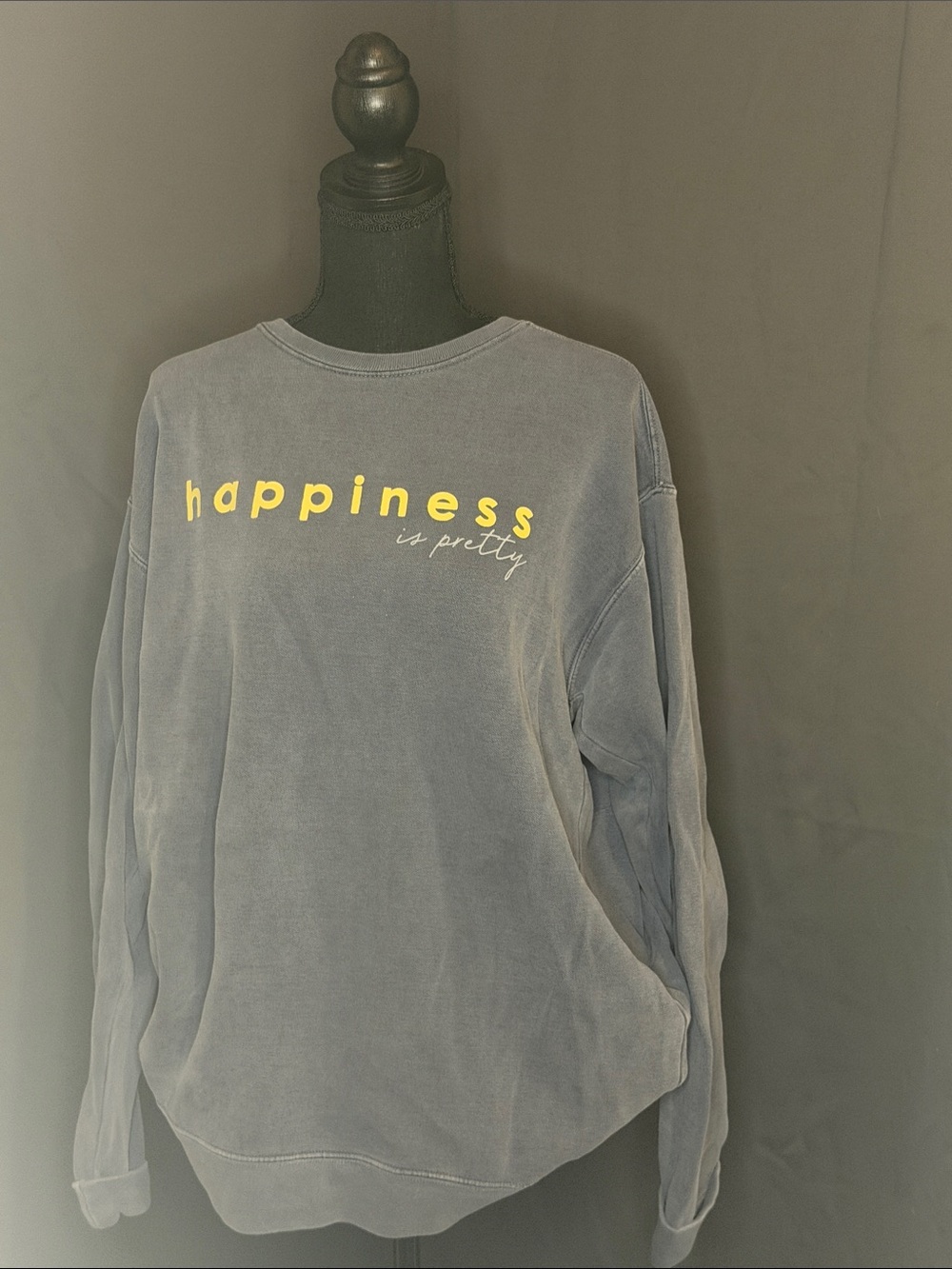 Peace Love World Gray Sweatshirt with Yellow "happiness" Script